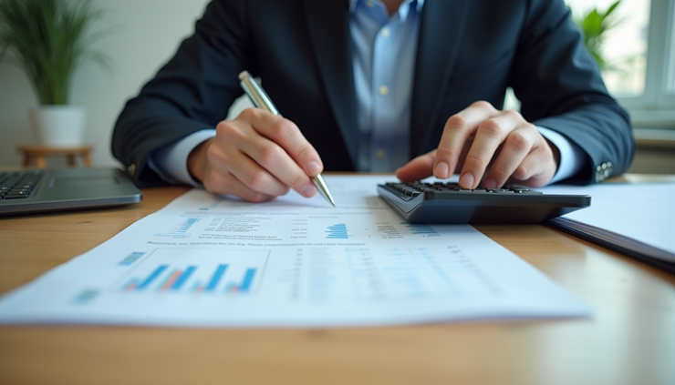 Eye-level view of a Canadian accountant reviewing tax documents with a calculator on a wooden desk
