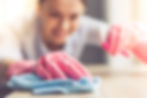 Woman in protective gloves is smiling and wiping dust using a spray and a duster while cle