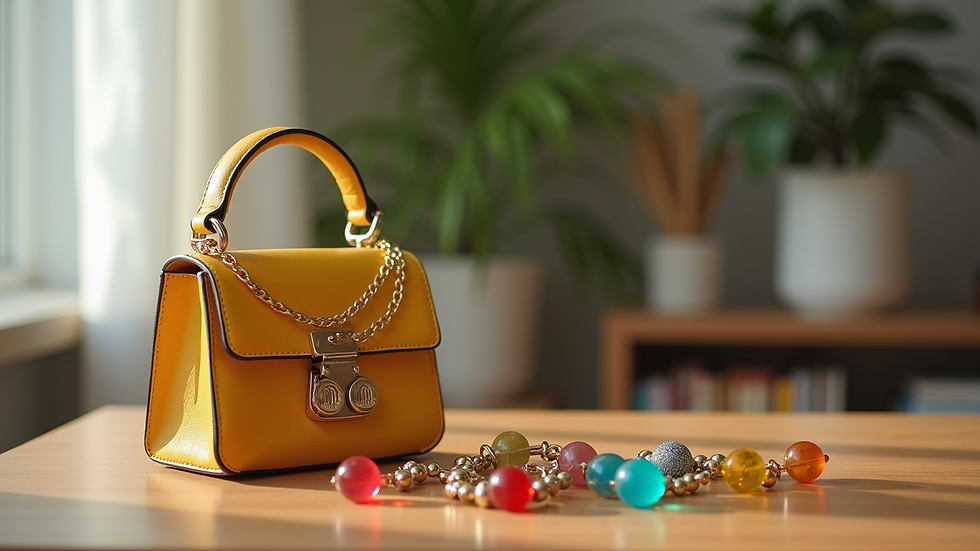 Eye-level view of a mini bag with colorful resin jewelry on a wooden table