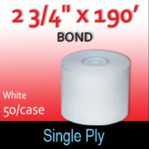 Receipt Paper-Single Ply White Bond Roll - 2 3/4" x 190'