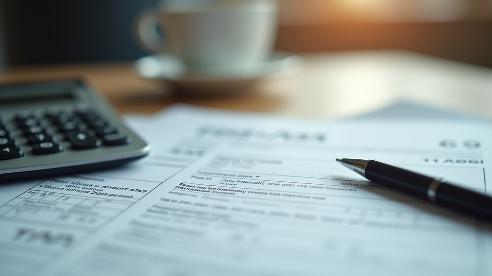 Close-up view of a calculator and tax forms on a table