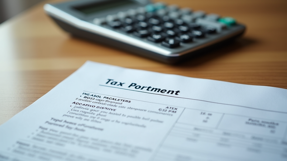 Close-up view of a tax document with a calculator on a wooden desk