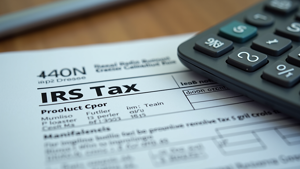 Close-up view of a calculator and IRS tax forms on a table