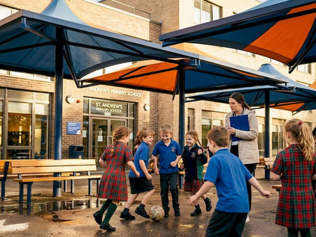 Children under school awnings during recess