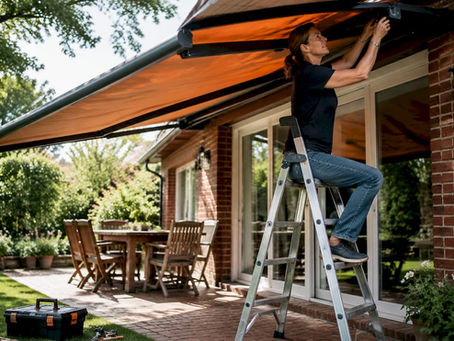 Woman installing patio awning outdoors