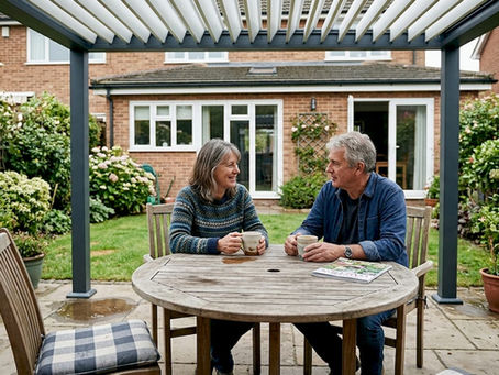 Couple enjoying patio under all-weather shading