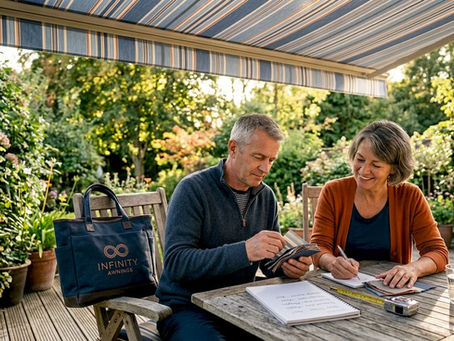 Couple reviewing awning fabric samples outdoors