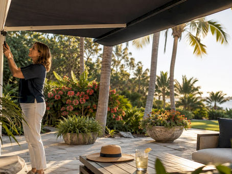 Woman adjusting retractable awning on patio