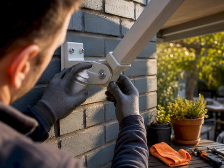 Installer lubricating a retractable awning joint