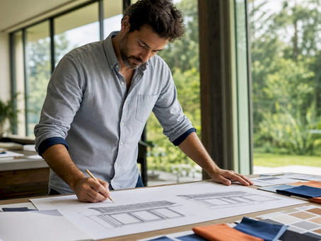 Architect reviewing modern veranda blueprints