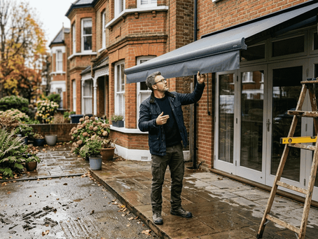 Architect assists with awning installation on terrace