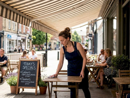 Café awning providing shaded comfort for customers