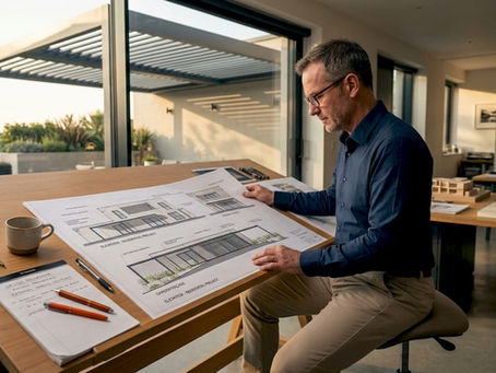 Architect reviewing exterior shading blueprints