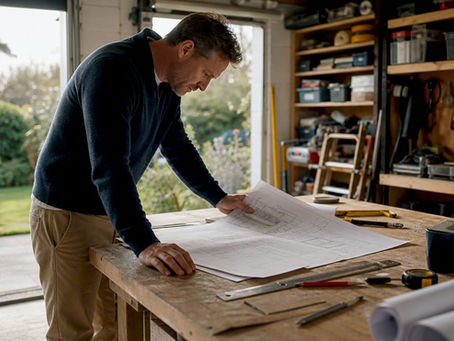 Homeowner reviewing veranda planning documents