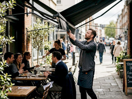 Restaurant owner extends shade awning over diners