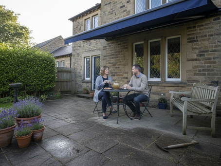 Yorkshire home with awning shaded patio