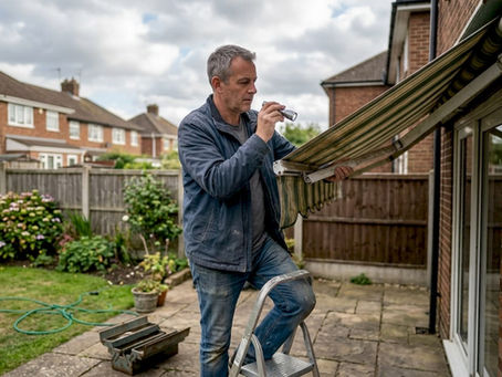Homeowner inspecting awning on brick house