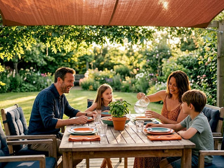 Family dining in shaded outdoor patio