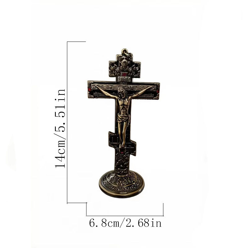 Crucifixo ortodoxo de pé, banhado a bronze antigo com detalhes em esmalte, para