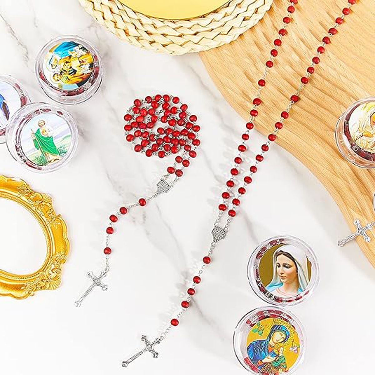 12 Pcs Catholic Rosaries Necklaces Wooden Beads  Religious Rosary Gifts Holy Ros