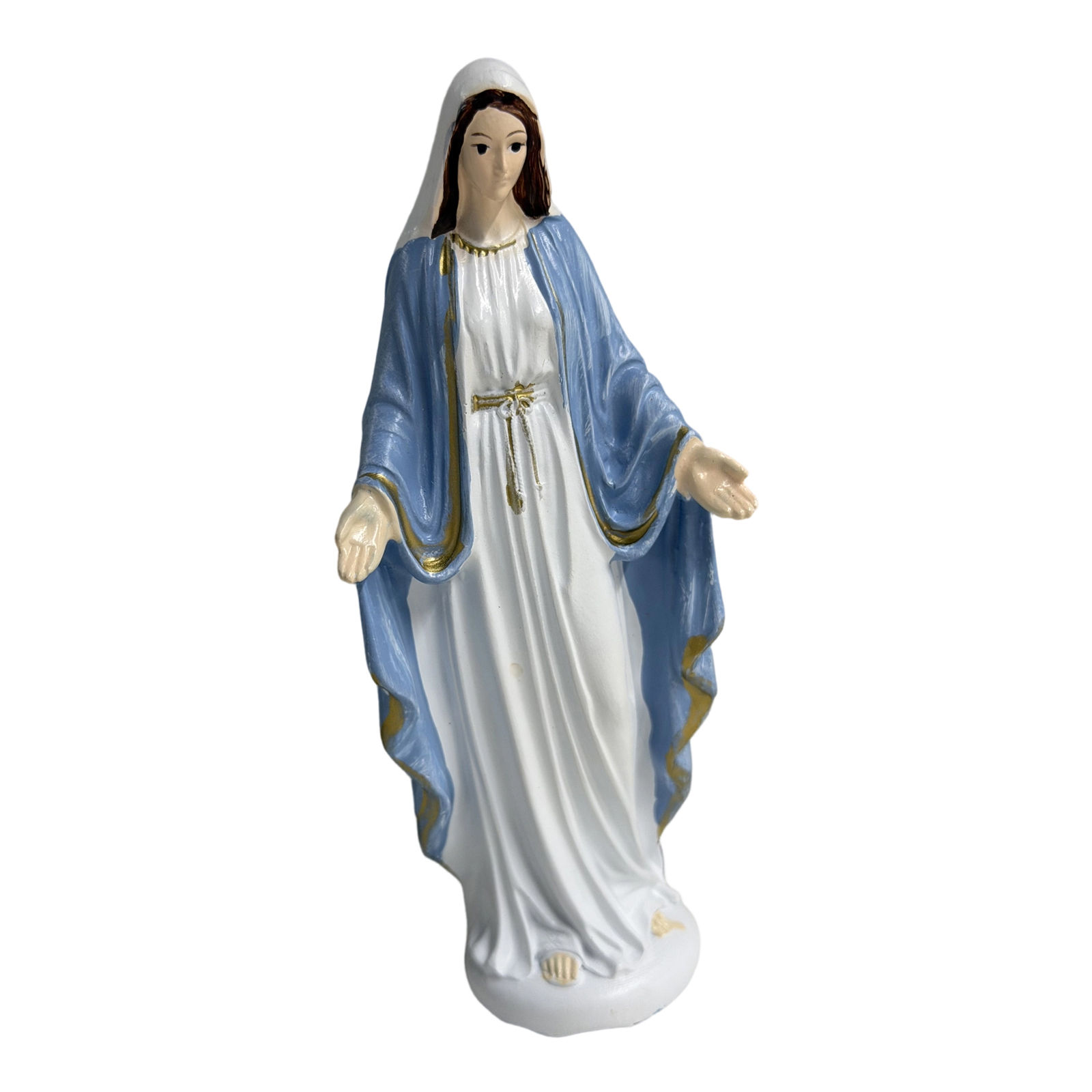 Estátua decorativa da Virgem Maria em resina, estilo católico.