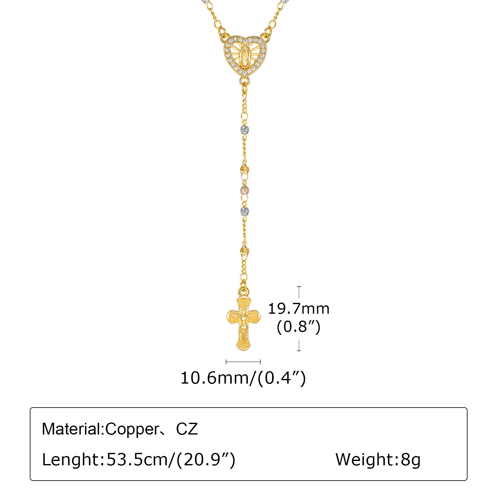 Colar com pingente de coração de zircônia e cruz de Virgem Maria para mulheres