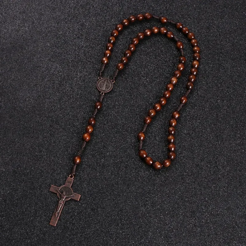 1 peça de terço com contas de madeira de Cristo Jesus, 8 mm, pingente de cruz pa