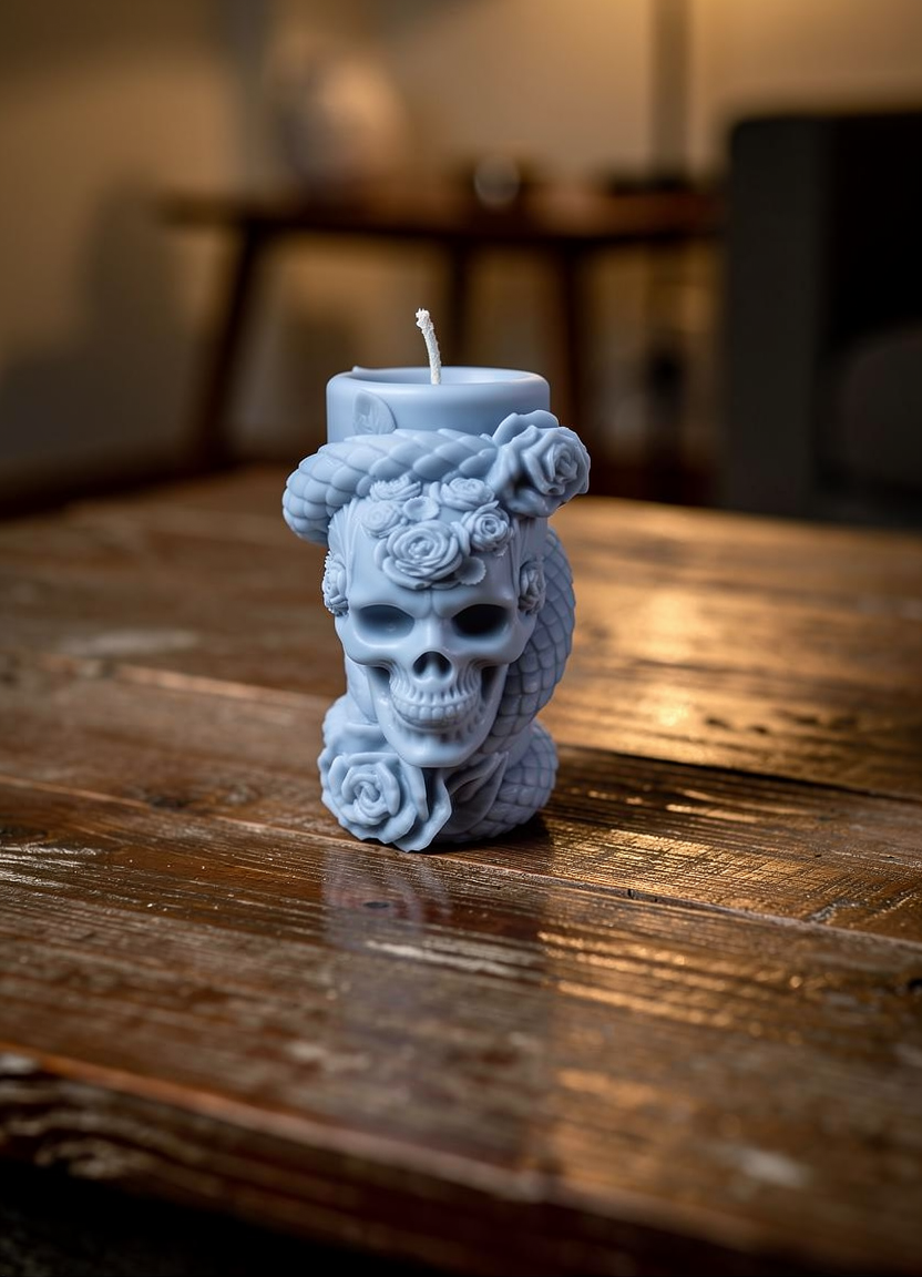 Floral skull candle UK, handmade gothic skull candle with rose detail, unique alternative home décor and gift