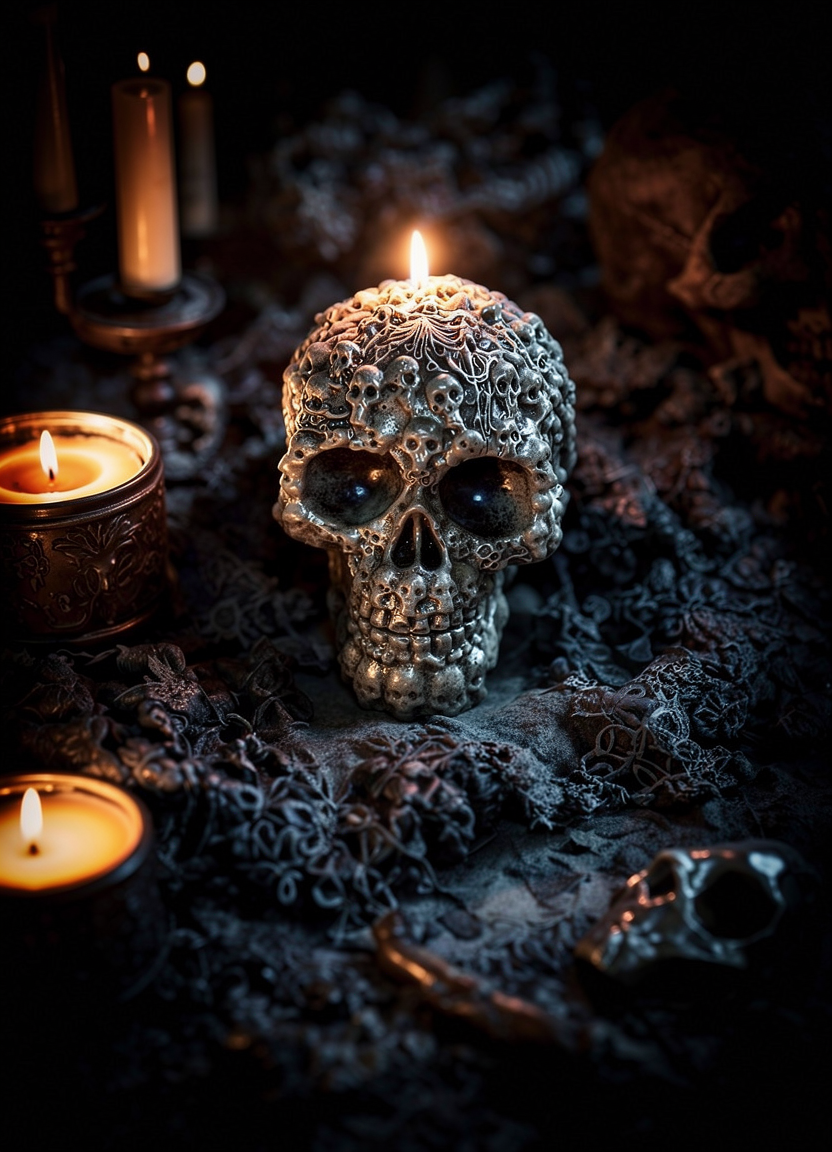 Handmade skull candle UK, white gothic skull candle with detailed texture, alternative home décor and scented candle gift