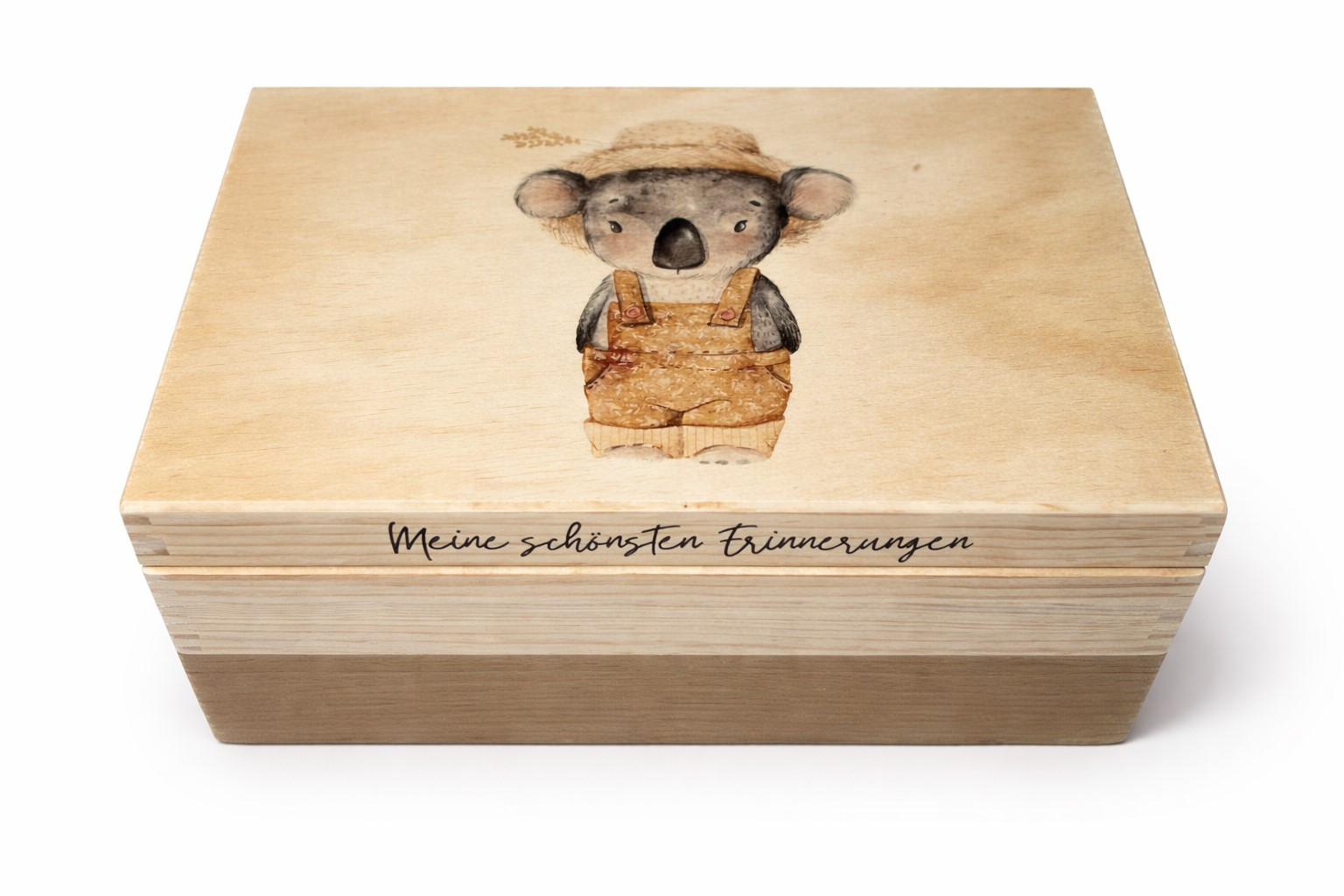 Erinnerungsboxen für Kinder aus Holz mit Motiv Koala. Geschenk zur Taufe oder Geburt. Erinnerungskiste handgemacht in Bern.
