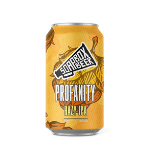 Image of beer can with yellow background and large orange and brown hops graphics. A Soapbox Beer megaphone logo is in the upper centre of the can and the beer name "Profanity Hazy IPA" is positioned beneath the logo.