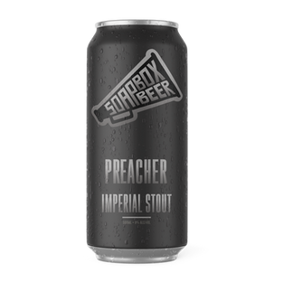 Image of black beer can with silver Soapbox Beer megaphone logo is in the upper centre of the can and the beer name "Preacher Imperial Stout" is positioned beneath the logo