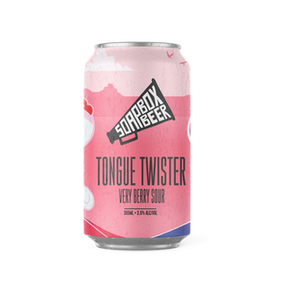 Image of beer can with blue sky, white clouds, waves of fruit, Soapbox Beer megaphone logo in centre with beer name "Tongue Twister Very Beer Sour" beneath the logo