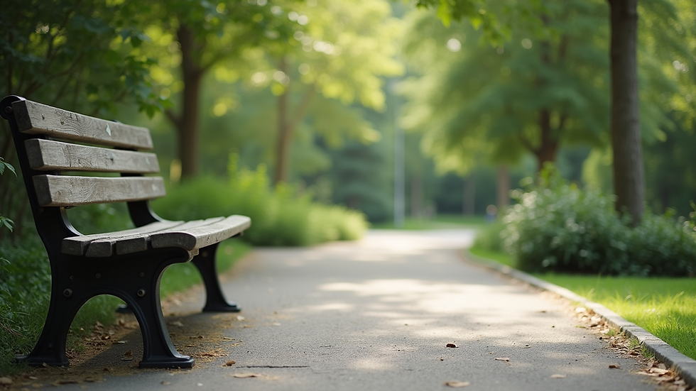 Eye-level view of a serene outdoor space with a bench and greenery
