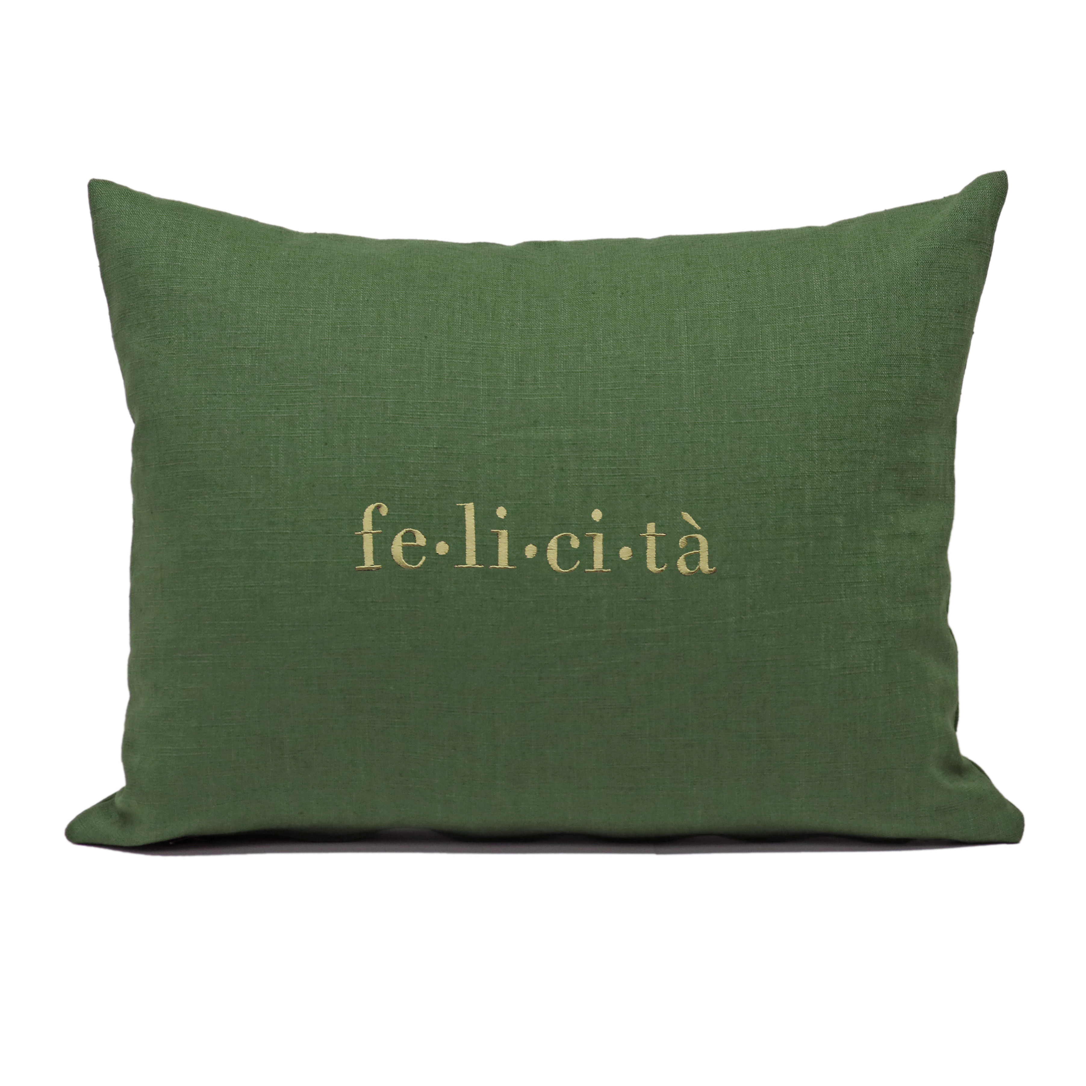 Cuscino ricamato lino verde bosco felicità