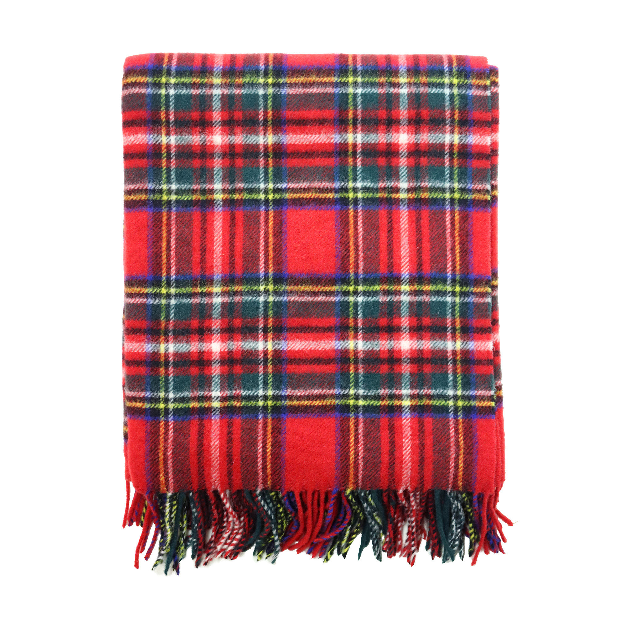 Plaid pura lana tartan rosso con frange multicolori piegato – Giardino Segreto