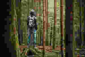 man contemplating in the woods