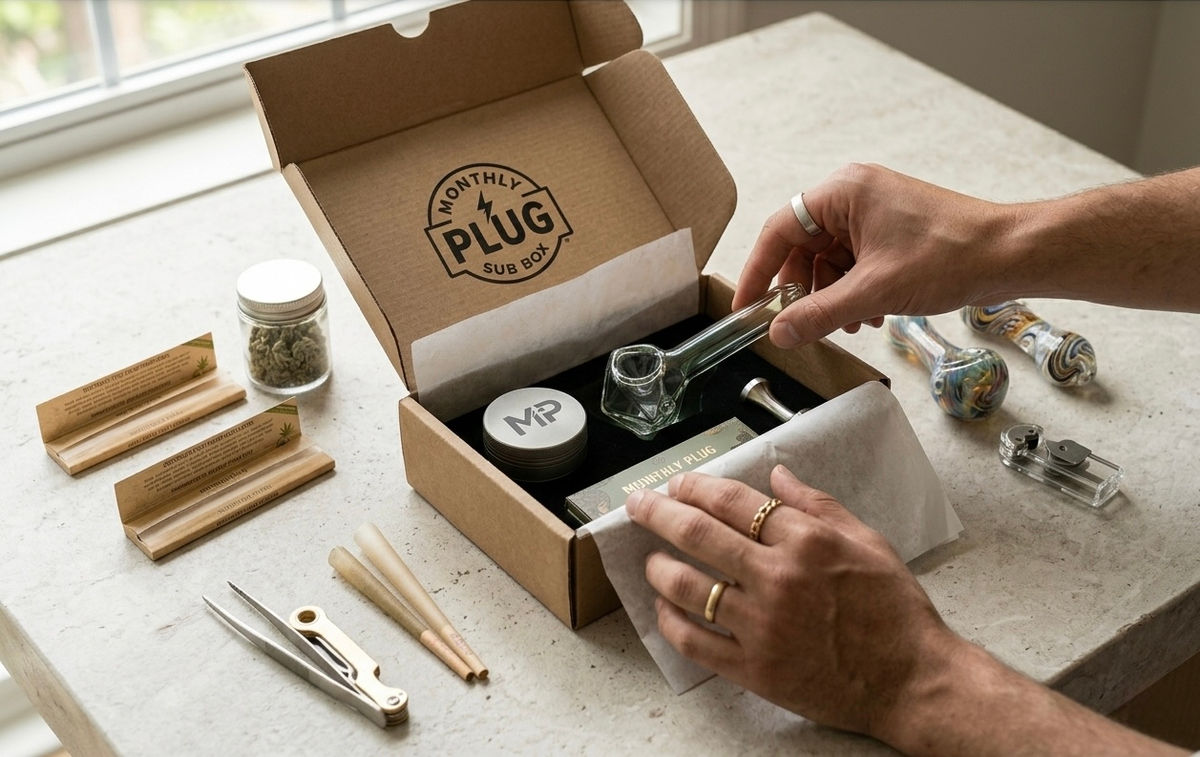 Hands unpack a Monthly Plug Sub Box with a glass pipe and cannabis accessories on a bright tabletop.