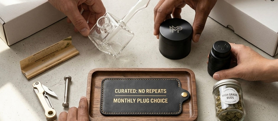 A curated monthly stoner box from Monthly Plug filled with a glass pipe, herb grinder, and premium smoking accessories.