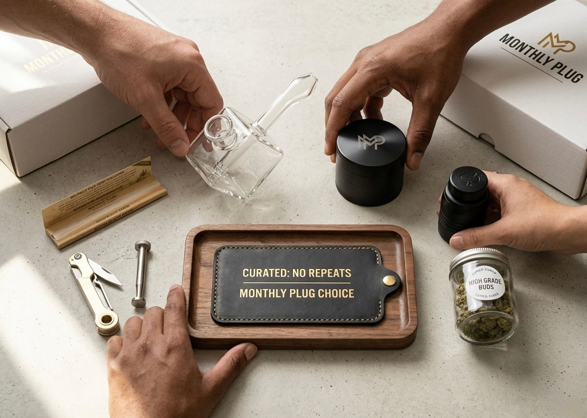 A curated monthly stoner box from Monthly Plug filled with a glass pipe, herb grinder, and premium smoking accessories.