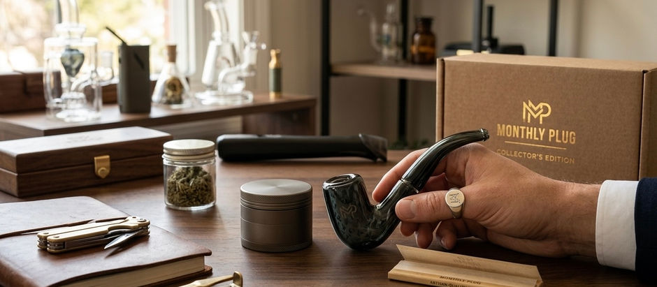 A hand holding a glass pipe next to an open Monthly Plug Collector's Edition box, glass water bongs, and a metal grinder on a table.
