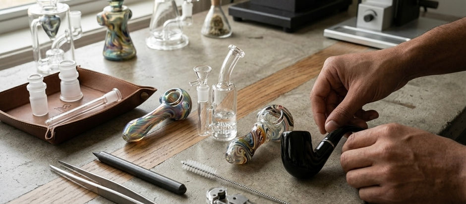 An array of unique glass pipes and colorful borosilicate spoon pipes from the Monthly Plug online headshop.