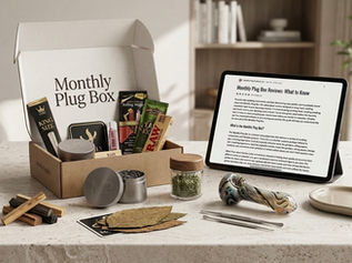 The Monthly Plug Box unboxed on a counter showing rolling wraps, a premium metal grinder, herb jar, and a glass pipe.