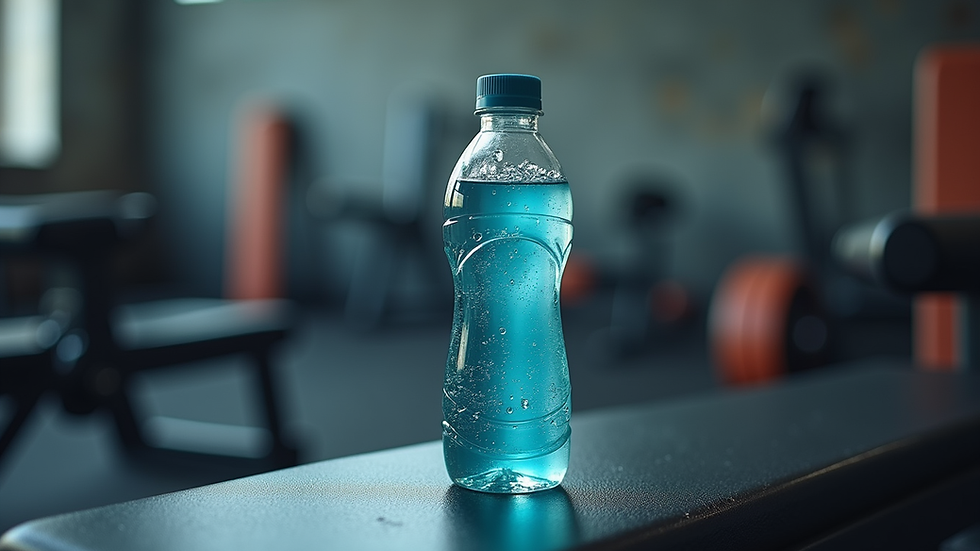 Close-up view of a water bottle and electrolyte drink on a gym bench