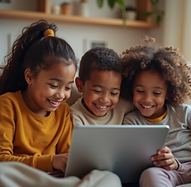 Diverse children and families joyfully engaging with tablets and laptops in cozy home sett