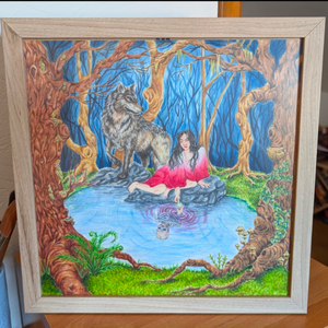 Gemälde Shadow: Frau in rotem Kleid am Wasser mit Wolf im Wald, Spiegelung als Skelet - Symbol für Leben und Tod