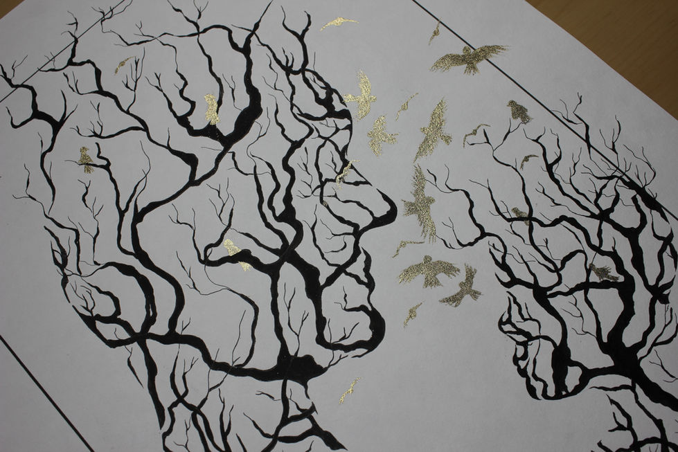 Zeichnung von Ästen, die sich wie Herzen verweben - Kunstwerk Verwachsene Herzen