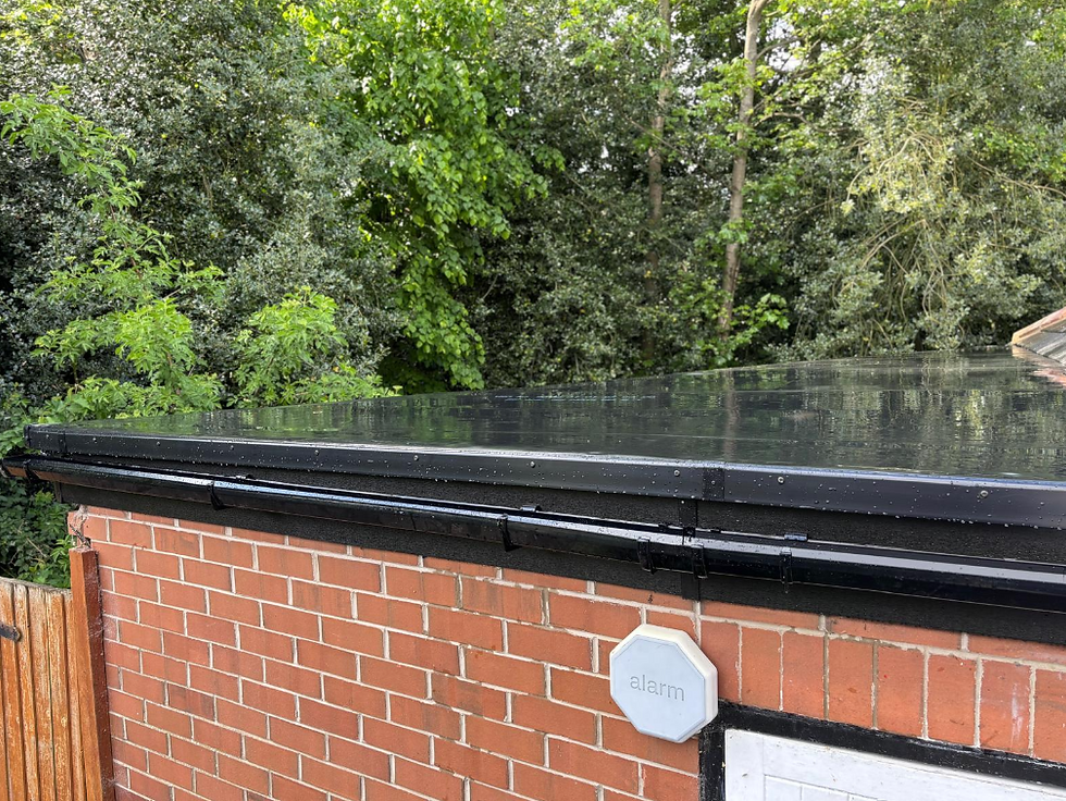 a new black flat roof and guttering with trees in the background