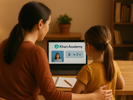 Exploring Khan Academy together — one of our favorite EdTech tools for sparking curiosity and building confidence at home. (AI-generated image)
