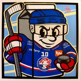 Hand-drawn Mooh Dude cartoon ice hockey player SLAPPY, wearing a ZSC Lions jersey with number 10, illustrated in bold black marker on a natural wooden painting panel in a playful linocut-inspired style.